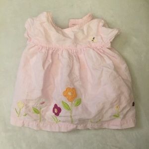 Pink linen dress with embroidered flowers